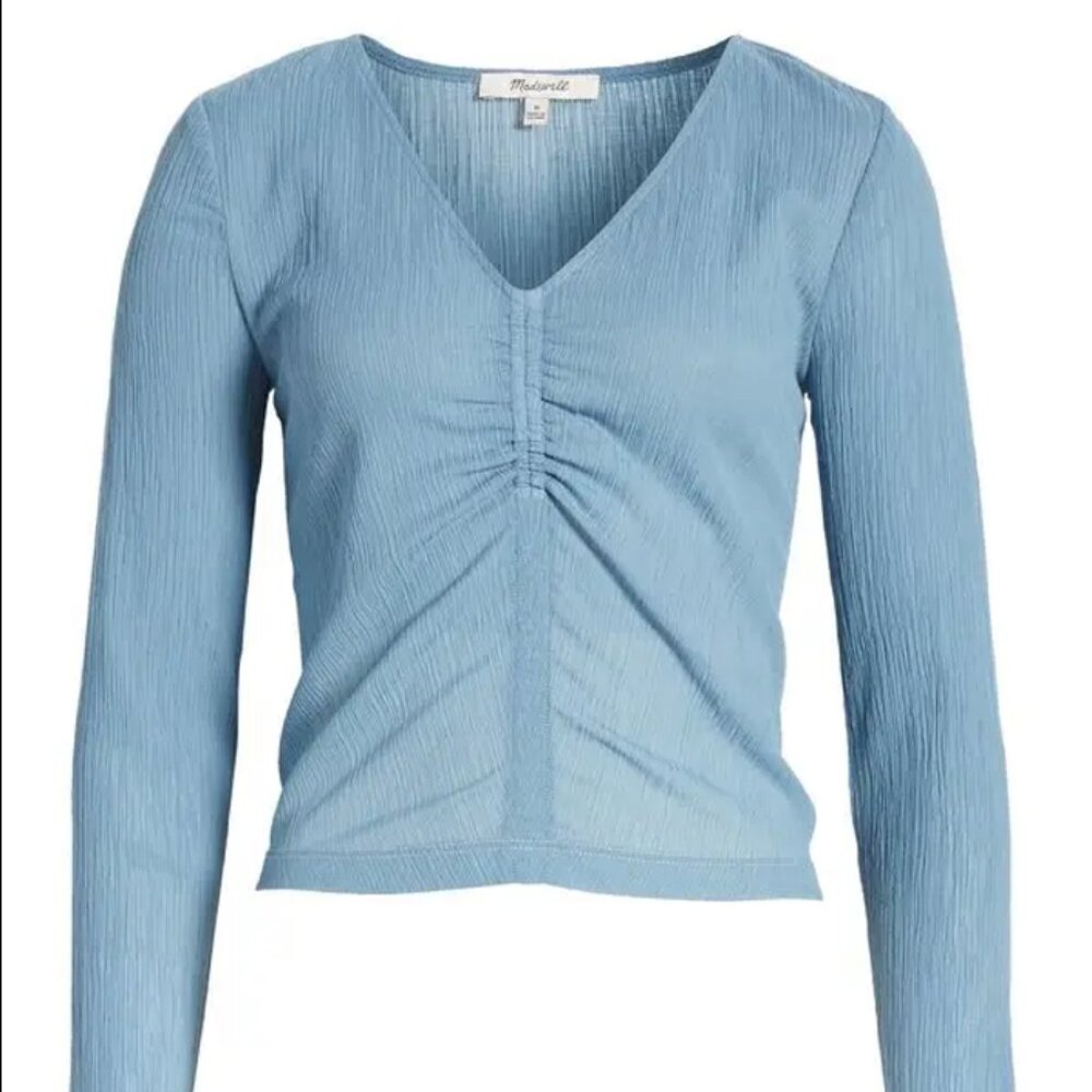 Madewell Semisheer Shirred V-Neck Top - Tranquil Lake